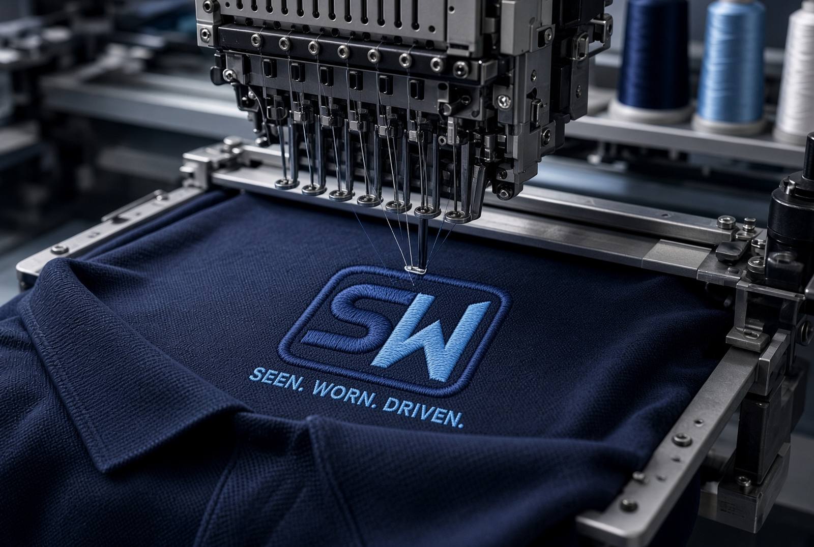 Embroidery machine stitching a mark onto a navy polo